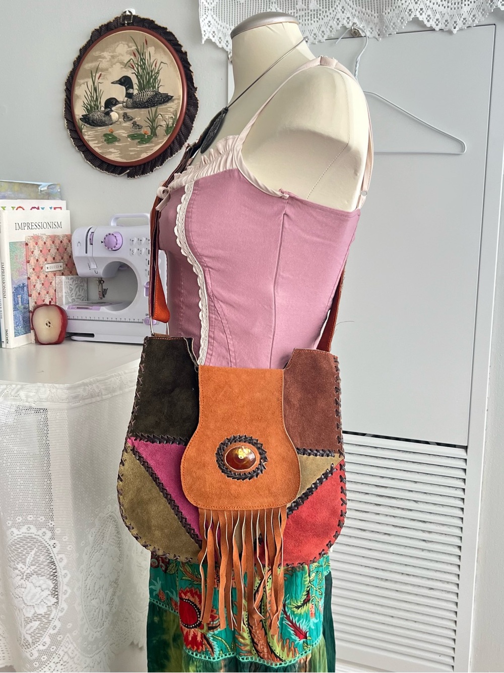 Vintage-Inspired Multicolor patchwork Suede Fringe Crossbody Bag